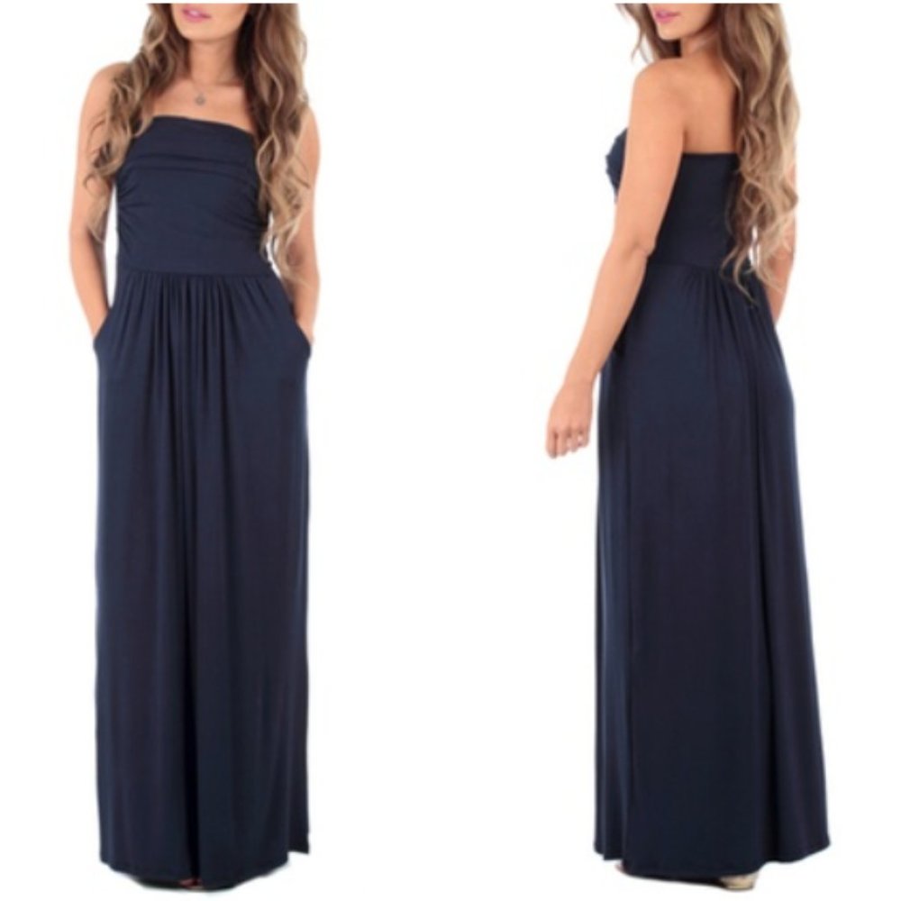 🌿 Navy Blue Maxi Dress with Pockets